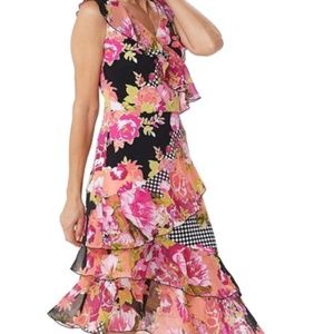 New Susan Graver printed liquid knit/chiffon dress black/pink XS